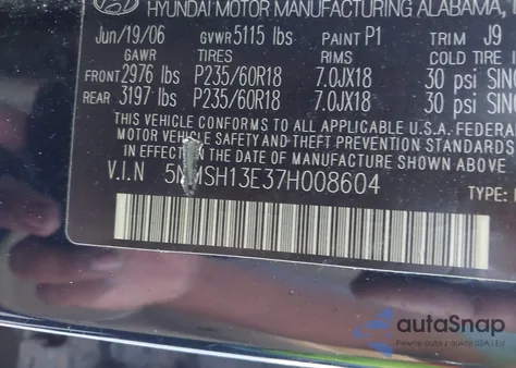 2007 Hyundai Santa Fe Se/Limited из США, поврежденный, VIN 5NMSH13E37H008604